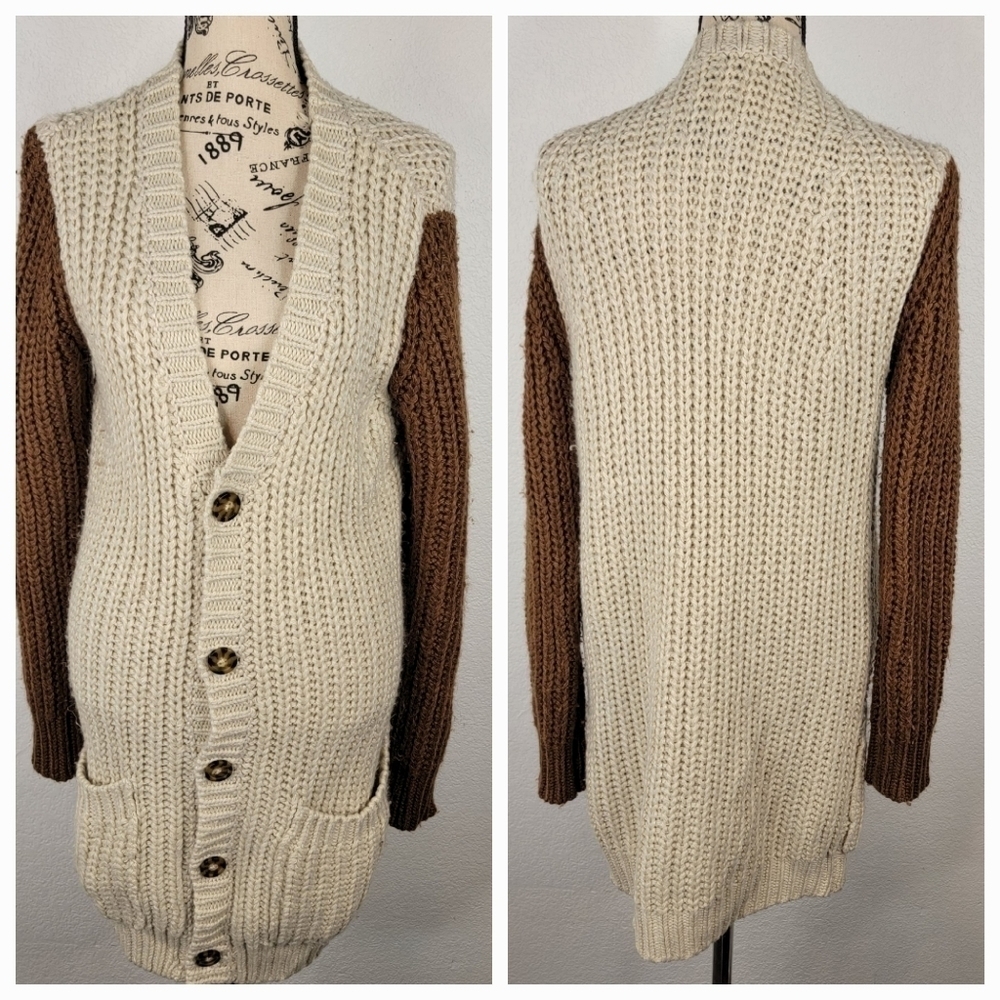 Burton Sz M Button Front Long Cardigan Crochet Knit Pockets
